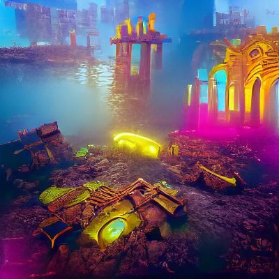 Underwater City Ruins: Colorful Neon Concept Art