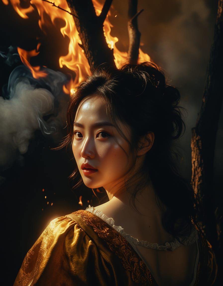 Korean Woman by Firelight: Baroque Oil Painting