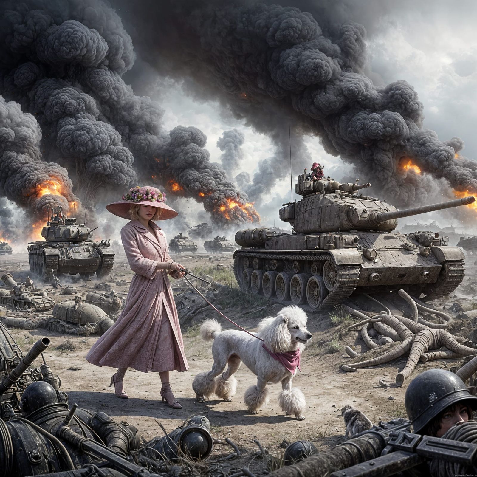 Woman in Pink Walks Poodle Through War-Zone Concept Art