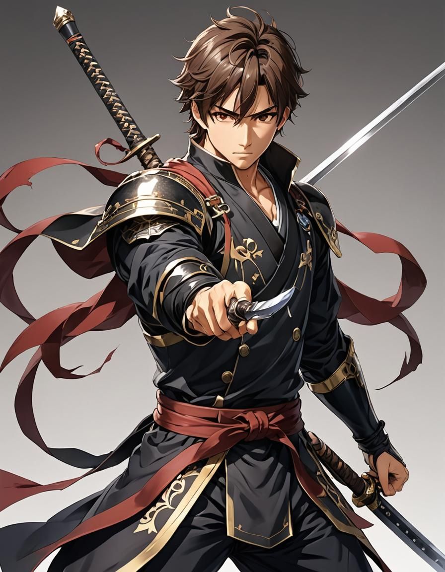 Anime Swordsman in Armor, Manga Style Portrait