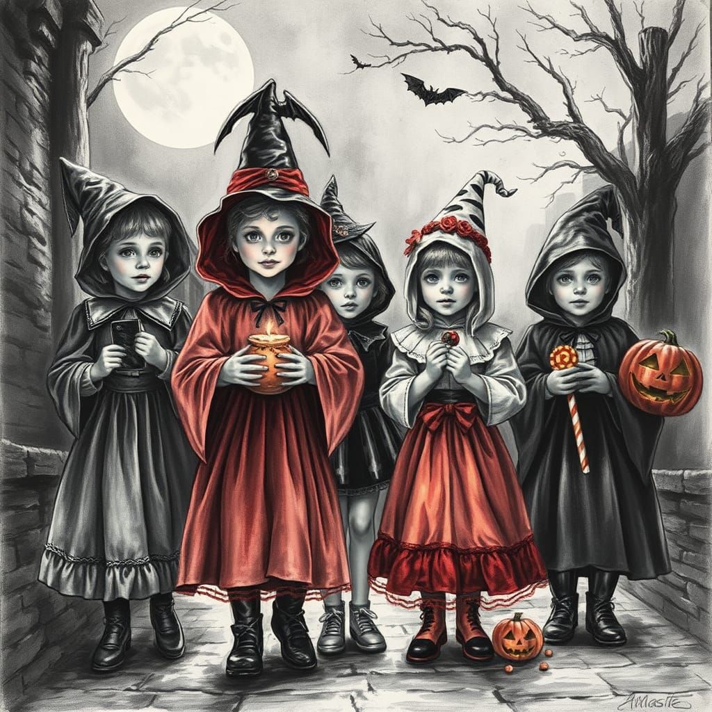 Children in Halloween Costumes: Detailed Charcoal Drawing