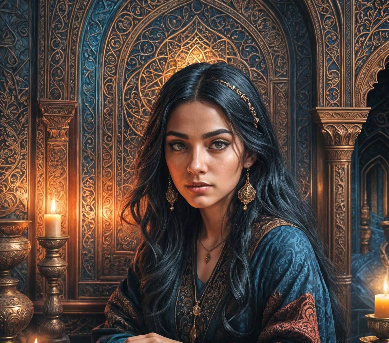 Gothic Persian Girl in Cozy Room: Detailed Matte Painting