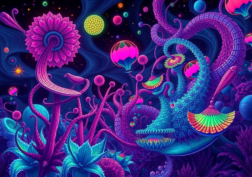 Neon Fantasy Forest with Abstract Fractal Patterns