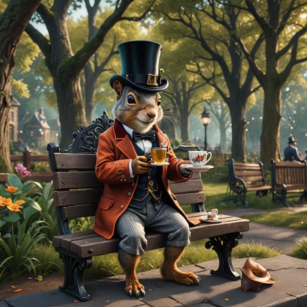 Squirrel Sipping Tea in Top Hat, Detailed Digital Art