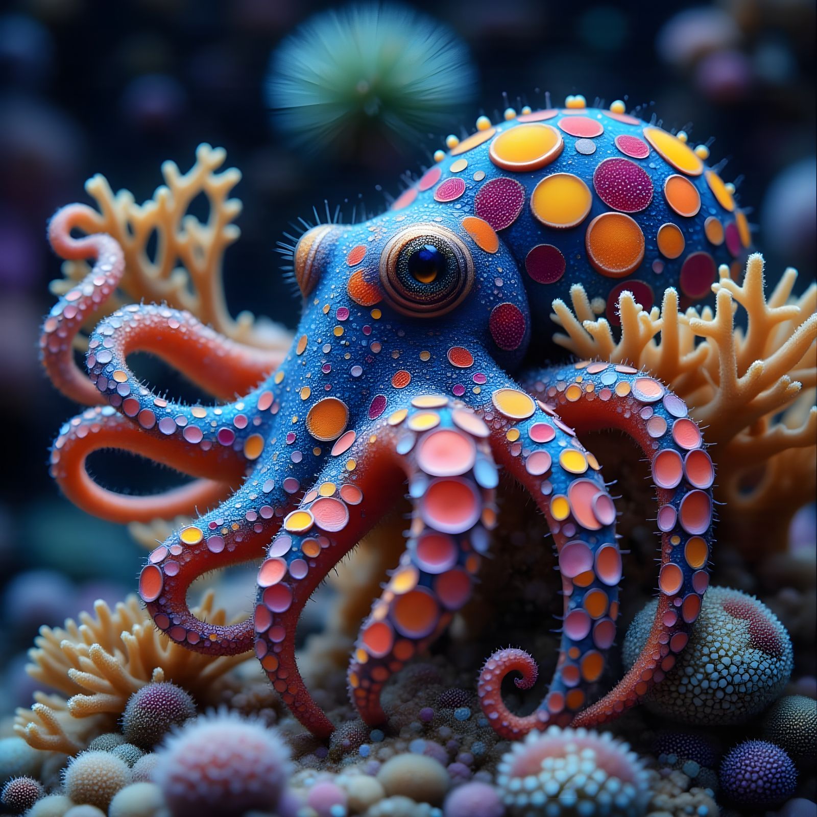 Vibrant Impasto Octopus Crawls Over Coral in Whimsical Fanta...