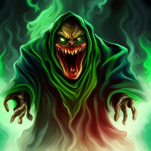 Eerie Emerald Spirit in Kimono: Fantasy Concept Art