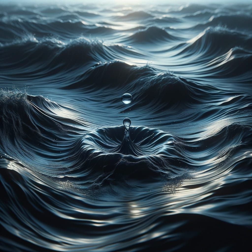 Water Droplet Plunging into Stormy Metallic Sea