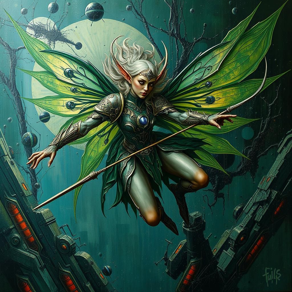 Armored Fairy Elf Soaring in Sci-Fi Impasto