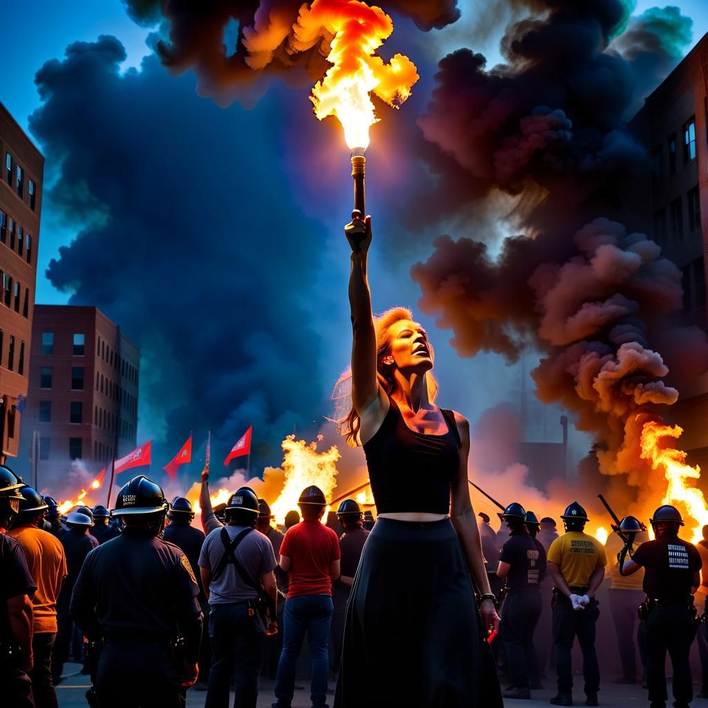 Dynamic Protest Scene with Contrasting Light