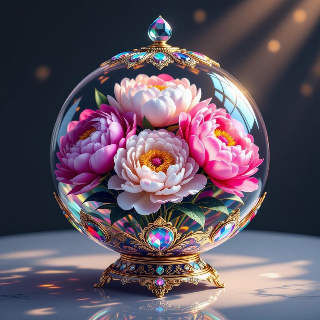 Peonies Encased in Intricate Glass and Metal Container