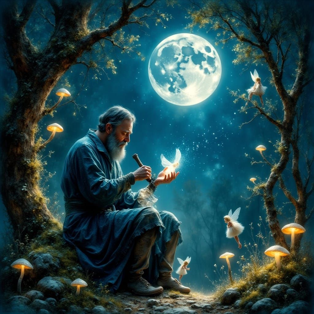 Ancient Craftsman Sculpting Moonstone Bird in Forest