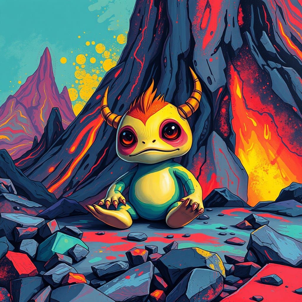 Imaginary Monster in a Polychromatic Graffiti Landscape