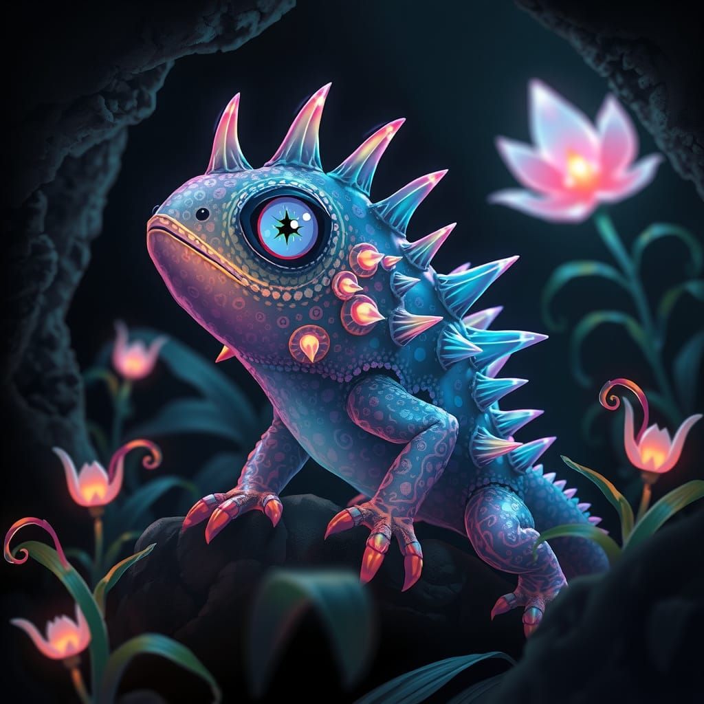 Glowing Chibi Reptile in Ethereal Cave Environment