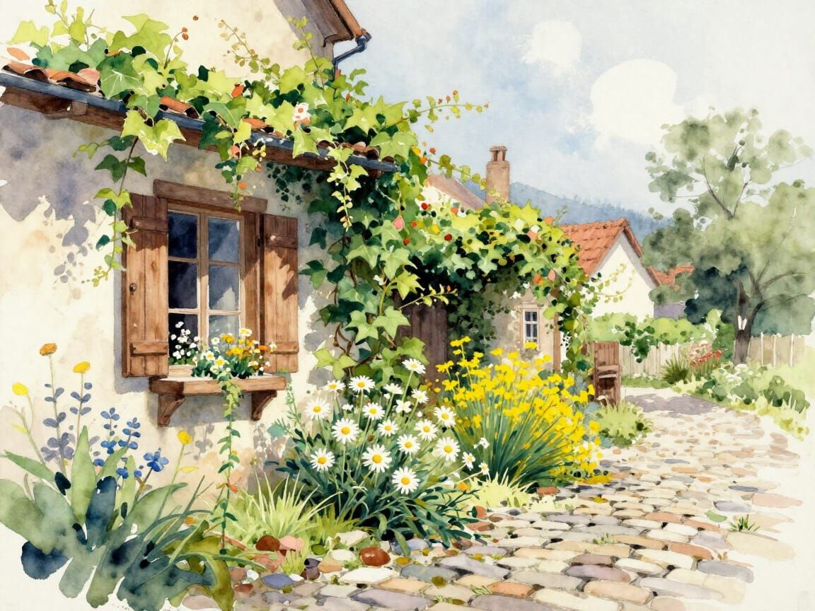 Watercolor Village Scene with Ivy and Wildflowers