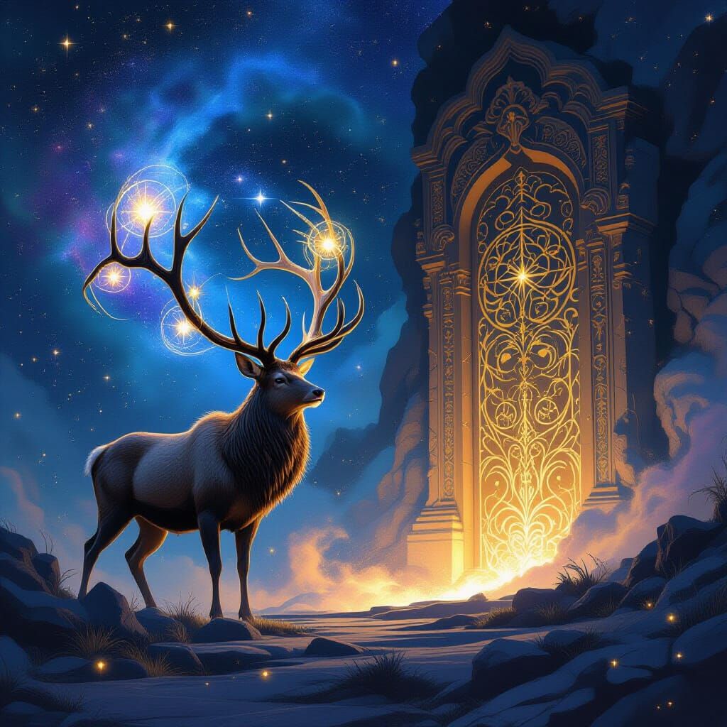 Majestic Stag in Nebula: Cosmic Altar Fantasy Art