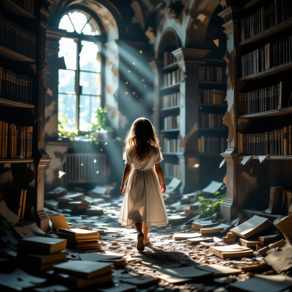 Spectral Girl in Ancient Library Ruins