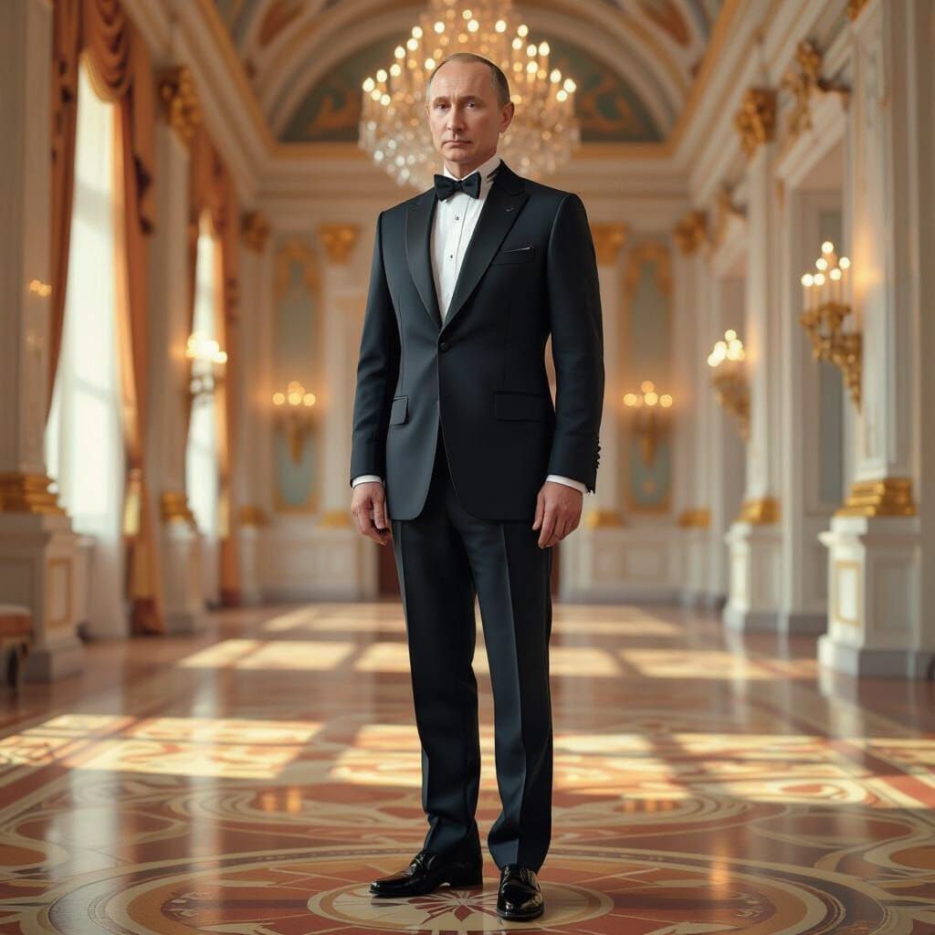 Putin Portrait in Ornate Room with Dramatic Lighting