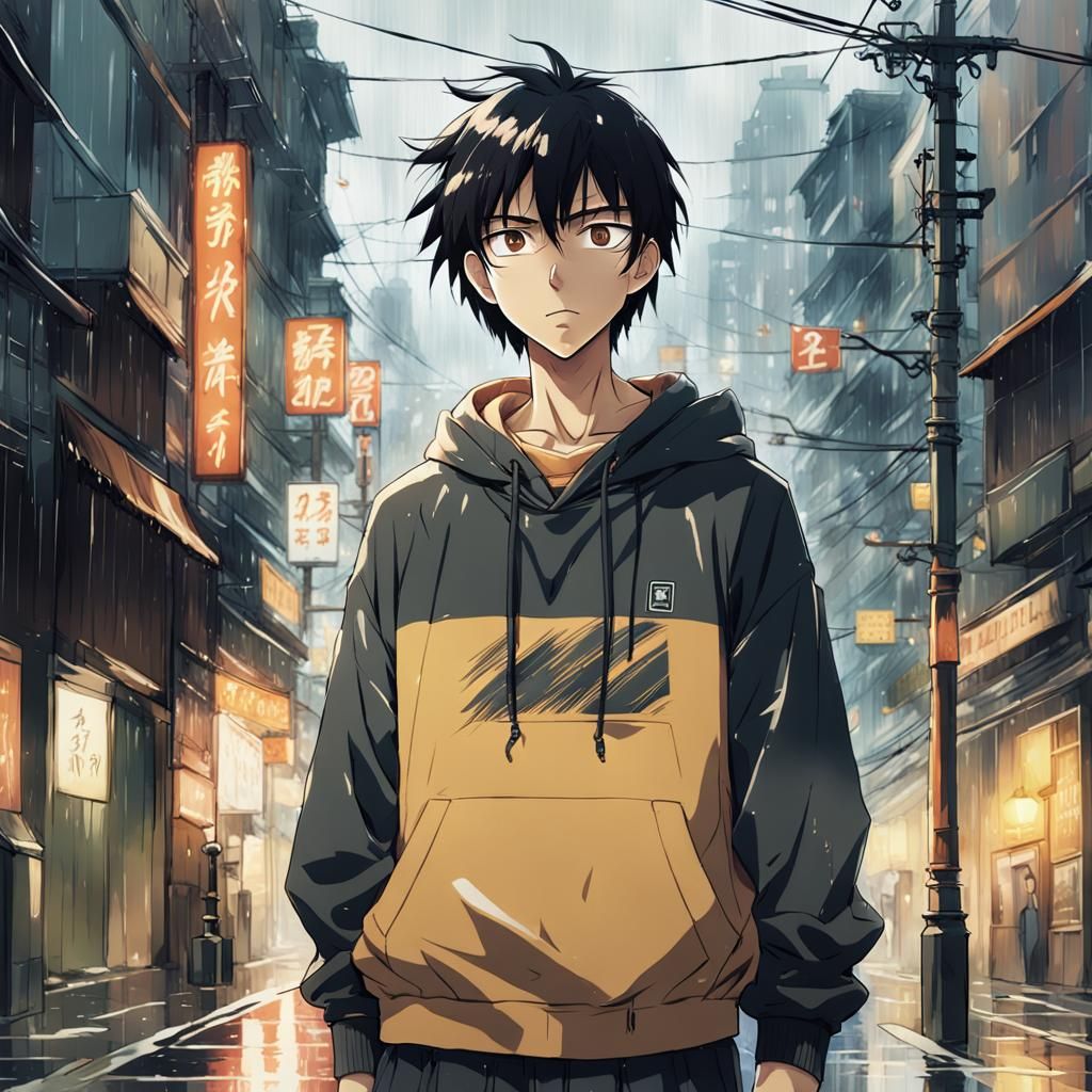 Anime Boy in Rainy Street, Ghibli Style