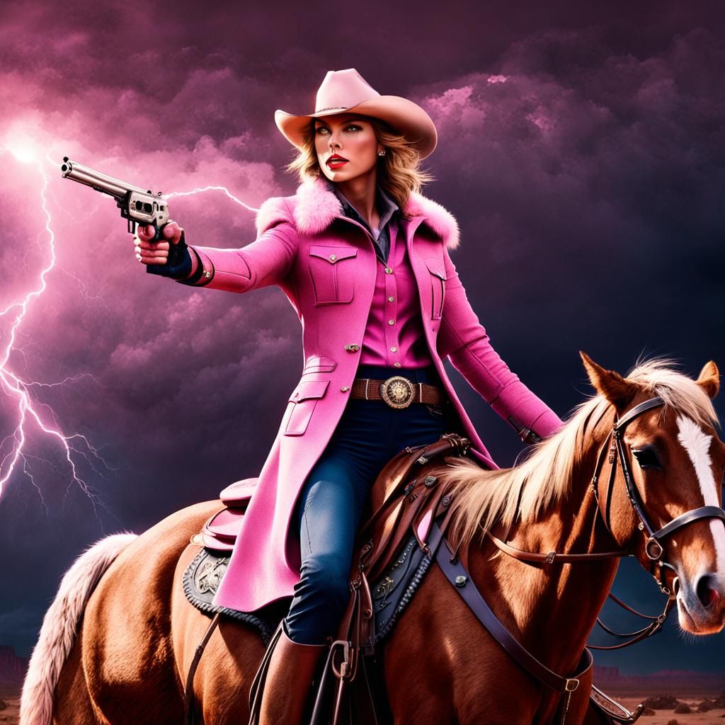 Cowgirl Sheriff on Horseback in Lightning Storm