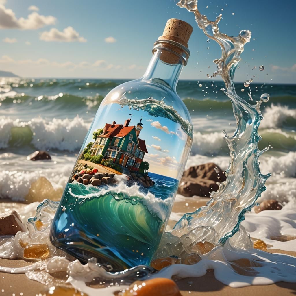 Seaside Town in a Bottle: Hyperrealistic Splash Art