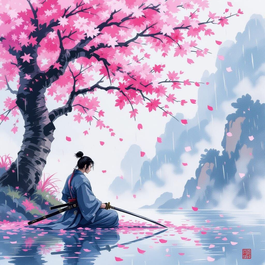 Samurai in Cherry Blossom Rain, Japanese Watercolor Style