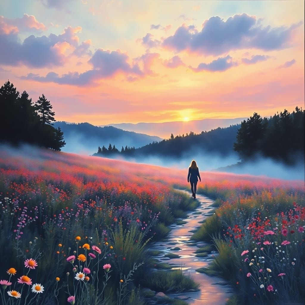 Infinity landscape at twilight. A lone figure walks along a ...