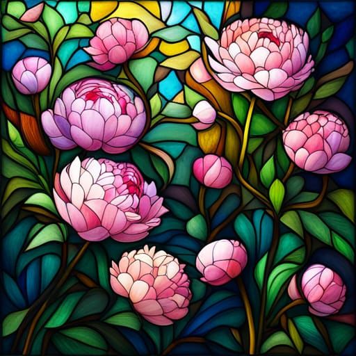 Luminous Stained Glass Peonies Art