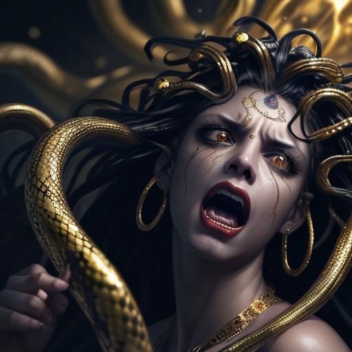 Medusa in Rage with Gold Snakes, Realistic 8K