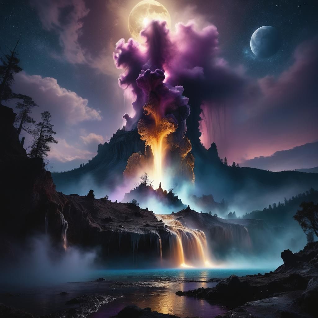 Ethereal Geyser Eruption Under Dark Moon