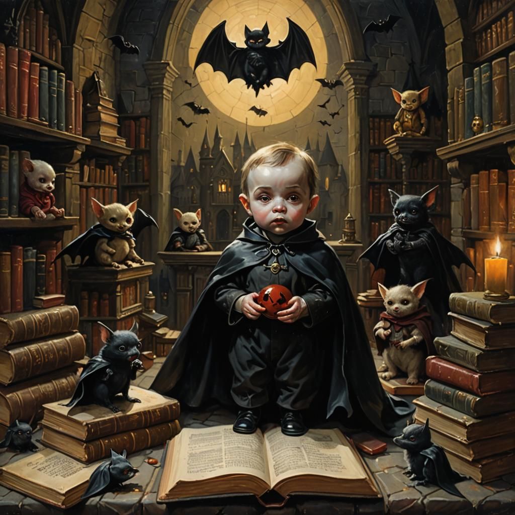 Baby Dracula in Gothic Nursery, Oil Painting