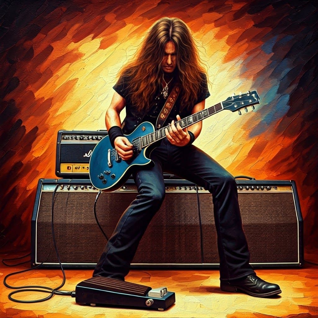 Rocker Guitarist Plays Wah Pedal, Abstract Art