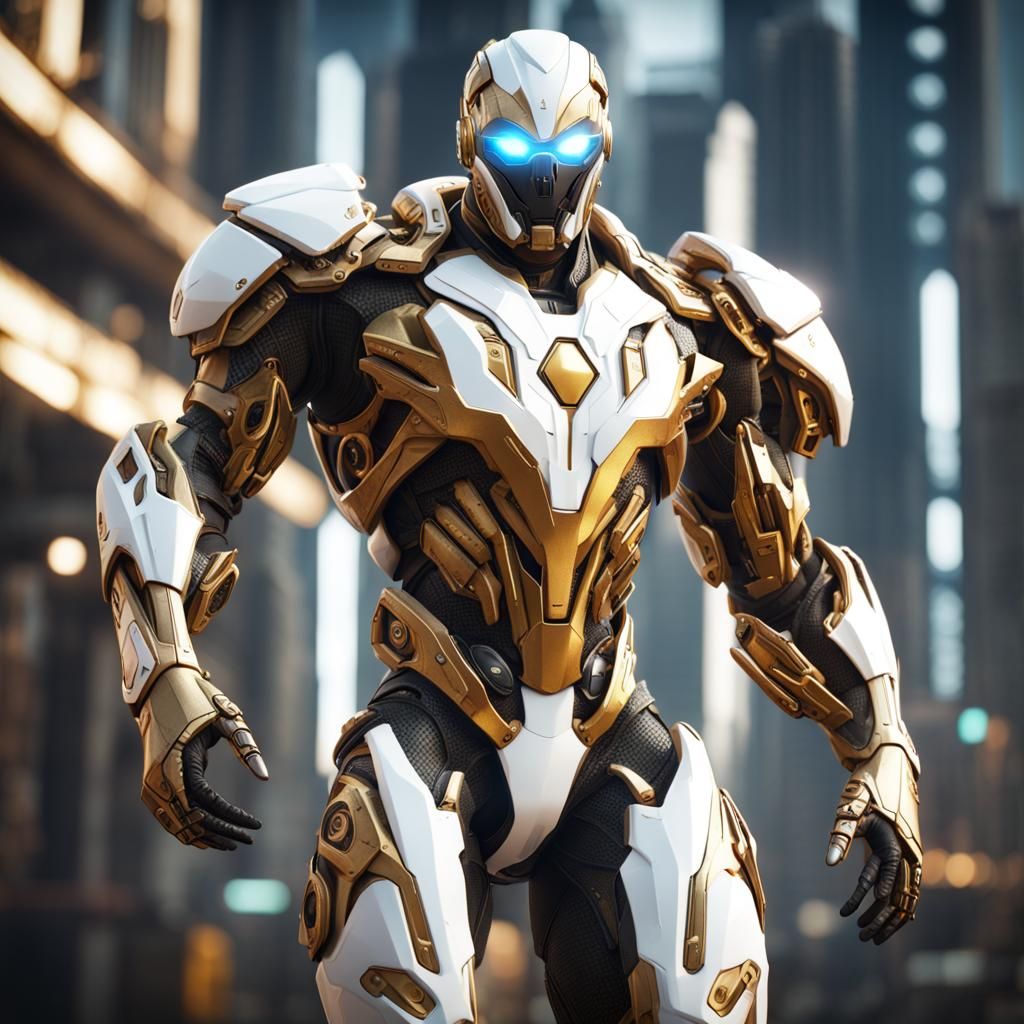 Superhero in White and Gold Mech Biosuit