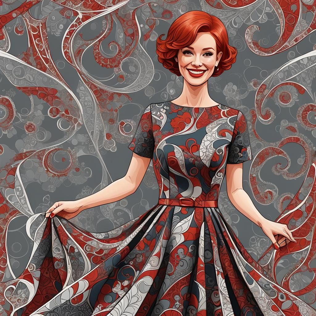 Seamstress Measures Dress with Abstract Fractal Elements