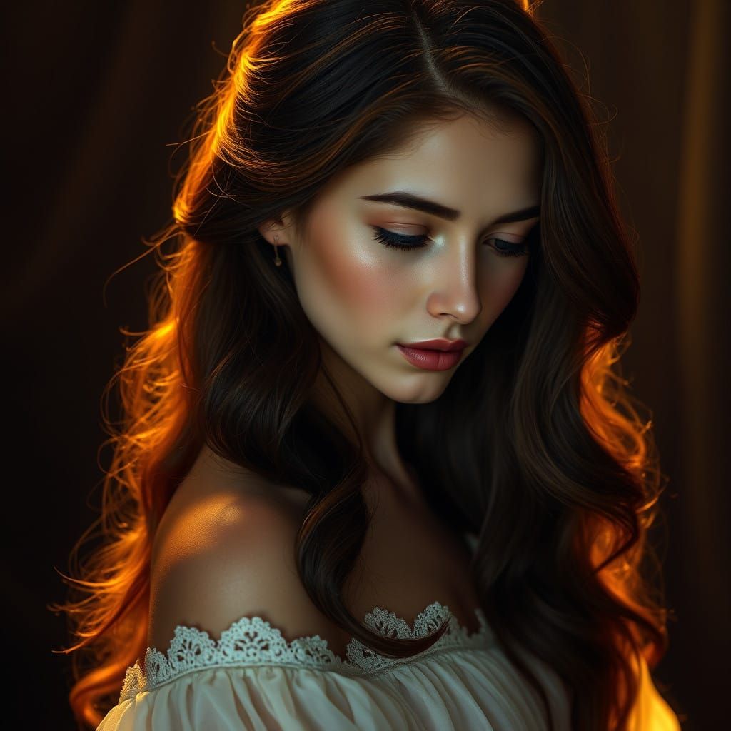 Ethereal Young Woman in Diaphanous Gown, Lit with Golden Lig...