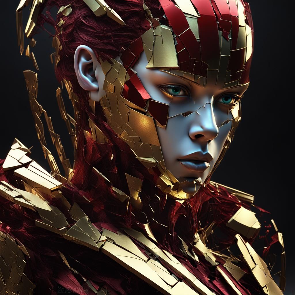 Cracked Android Portrait in Renaissance Anime Style