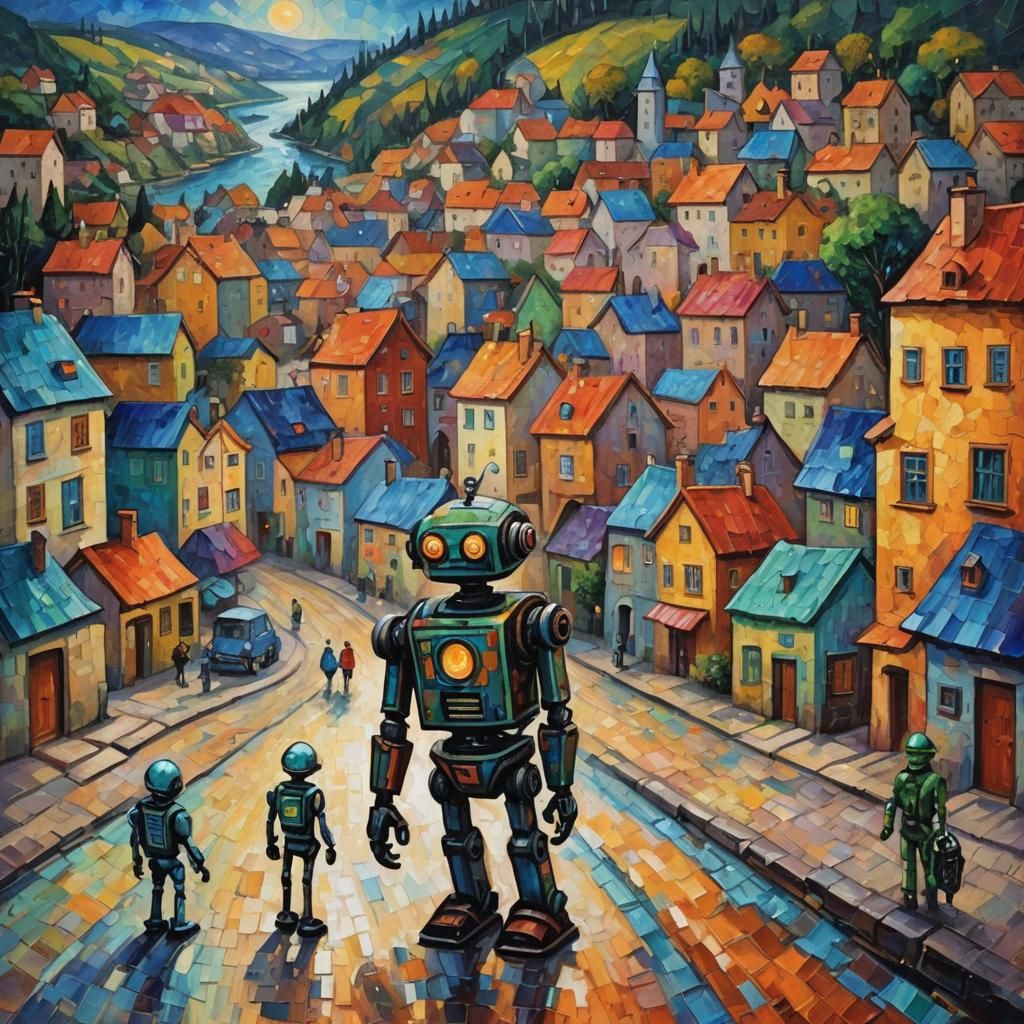 Robot and Alien Visit Town: Expressionist Oil Painting