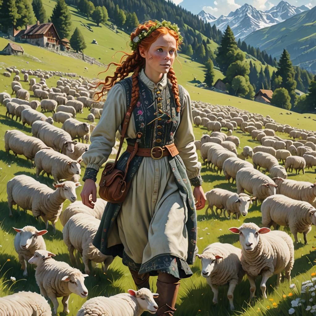 Fifi Longstocking Herding Sheep in Lush Alps Meadow