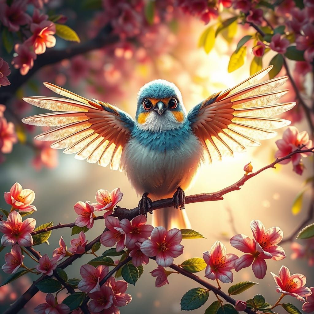 Vibrant Papagaai Bird in a Flowering Tree, with Intricate Pl...