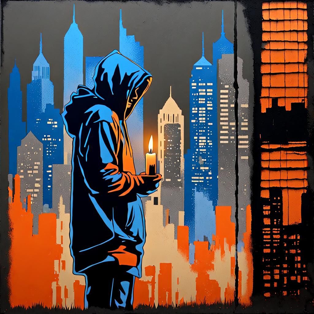 Urban Candlelight Activist in Stencil Art Style