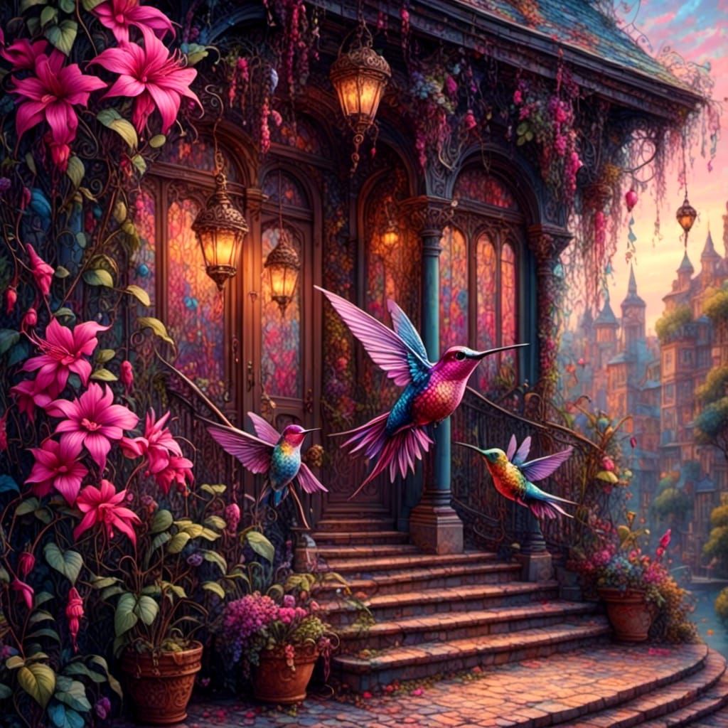 Hummingbirds on Victorian Porch in Vibrant Colors