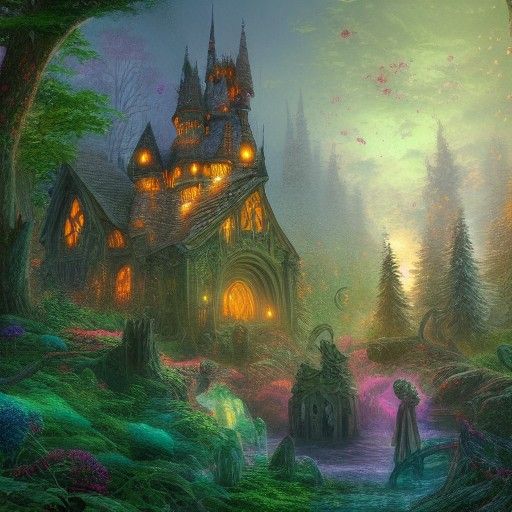Magical Dark Castle in Luminous Forest, Digital Art