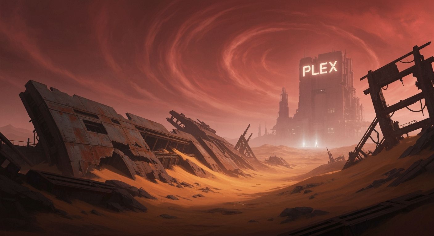 Desolate Post-Apocalyptic Landscape with 'PLEX' Structure