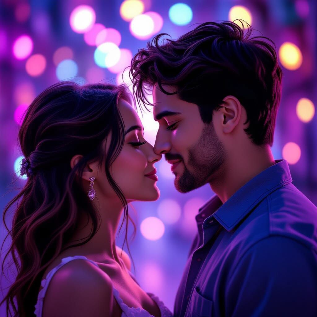 Passionate Couple Kissing Under Amethyst Light