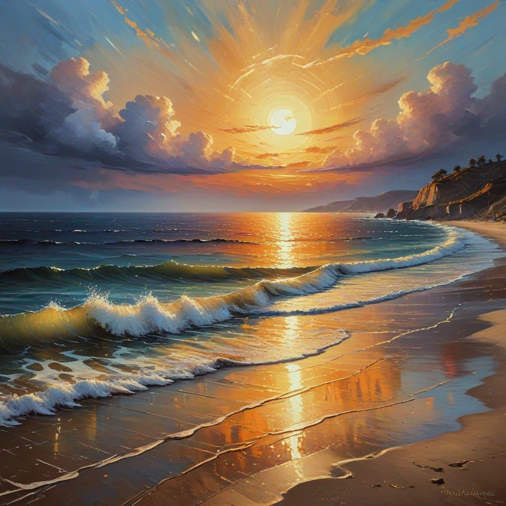 Vibrant Oil Painting of a Colorful Moon Over the Sea