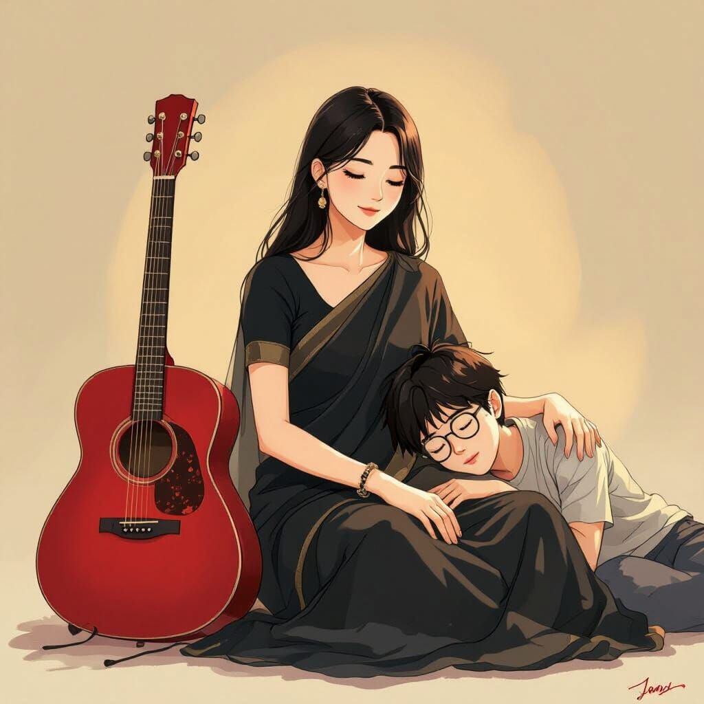 Anime Sketch of Woman in Saree with Guitar