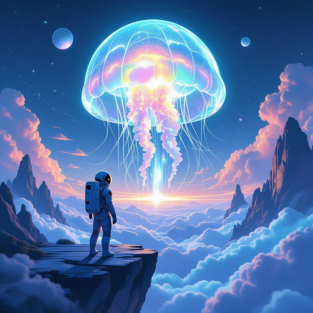 Astronaut and Bioluminescent Jellyfish: Surreal Sci-Fi Art
