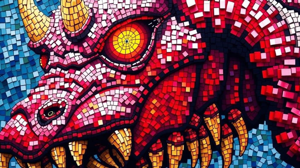 Ancient Mosaic Monster Portrait in Close-Up