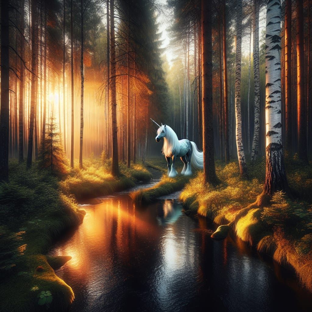 Glowing Unicorn in Sunlit Forest Landscape