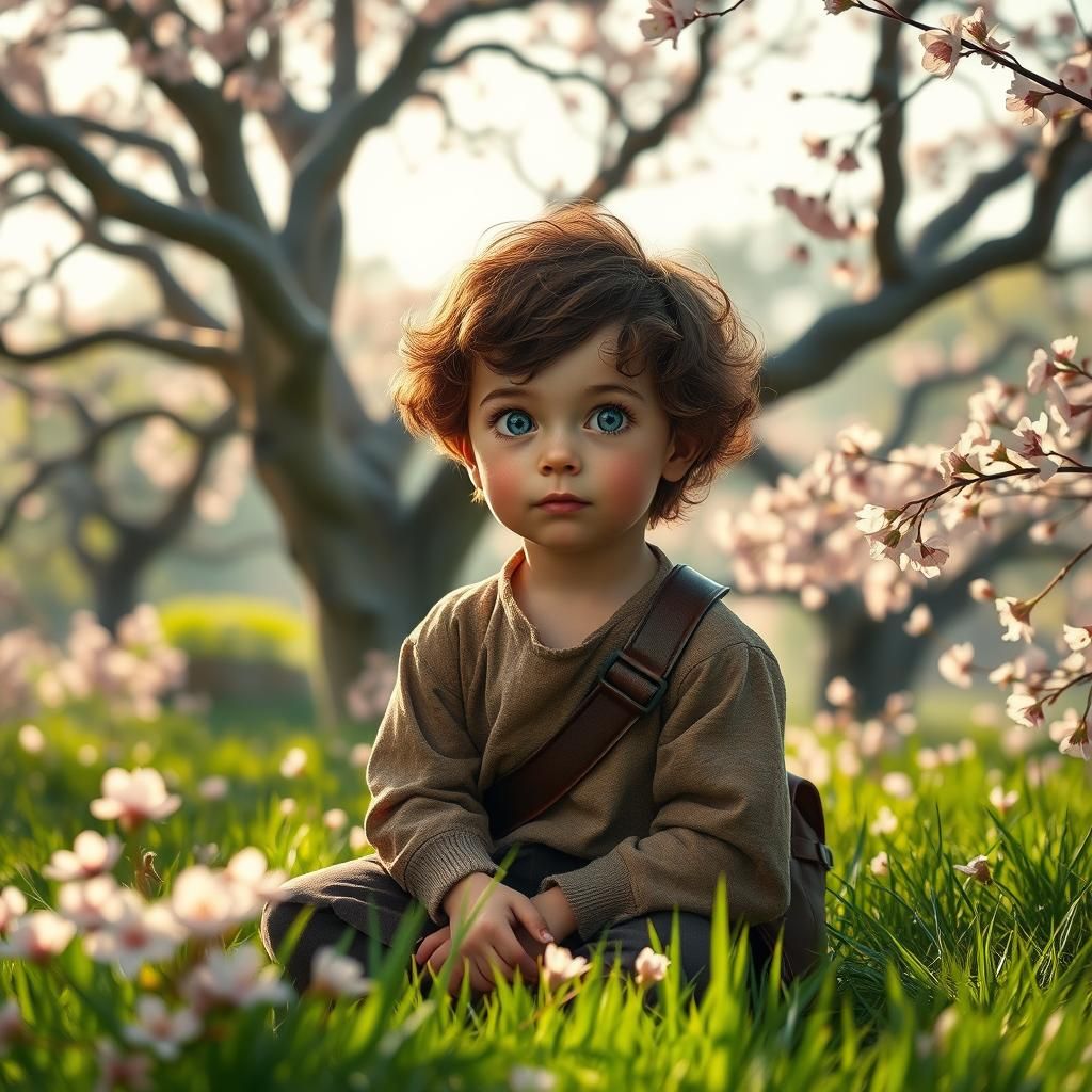 Boy in Cherry Blossom Garden: Hyper-Realistic Digital Art