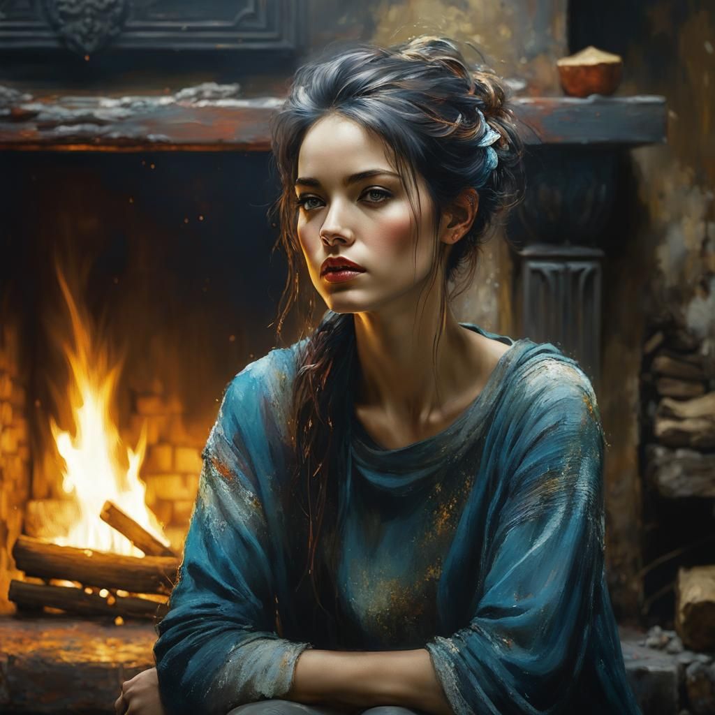 Dramatic Portrait of a Woman by Fireplace